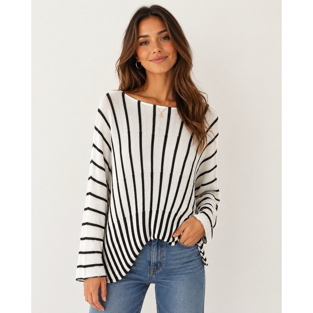 See And Be Seen Black & White Striped Batwing Sweater – Size Large